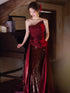 Wine Red Satin and Sequins Long Strapless Party Dress, Wine Red Long Evening Dress